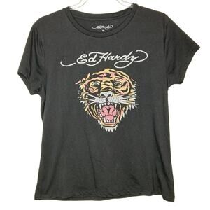Vintage Y2K Ed Hardy Black Tiger Head Graphic Shirt Womens XL 2000s Grunge Rock